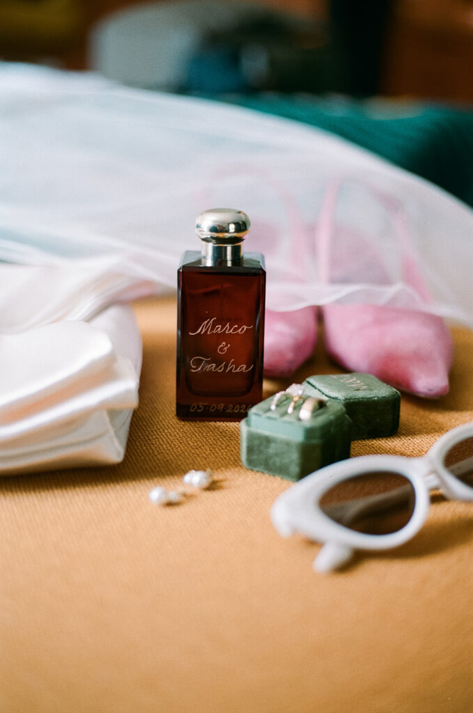 Bridal details with custom perfume bottle at the Drake Toronto