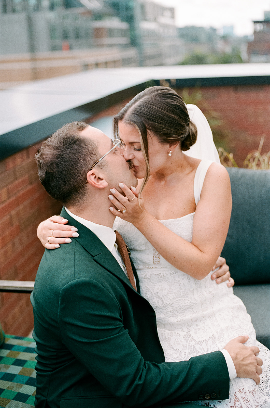 bride and groom on rooftop patio at the drake hotel